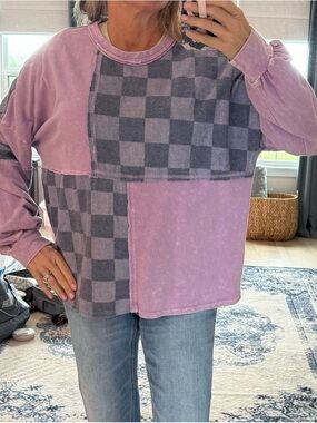 J.Her Patchwork Checkerboard Lavender Pullover. Medium.